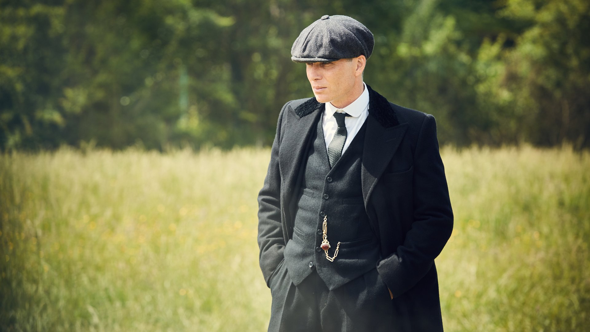A man in a three piece suit stands in a field.