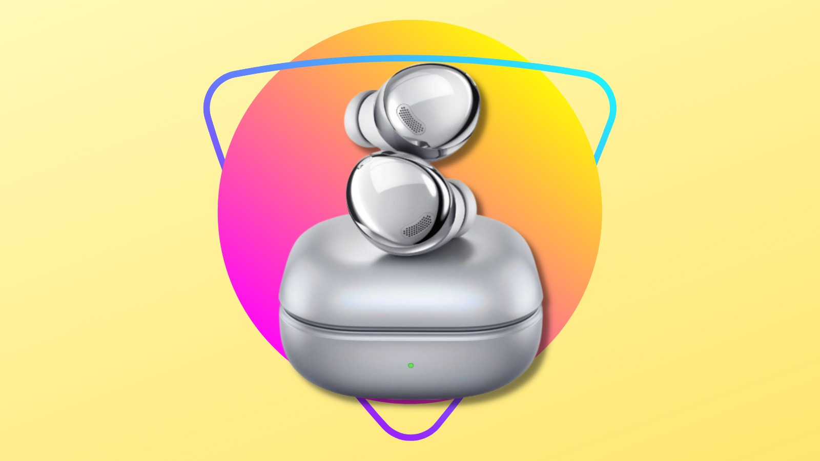 silver samsung galaxy buds pro stacked on top of case with colorful background