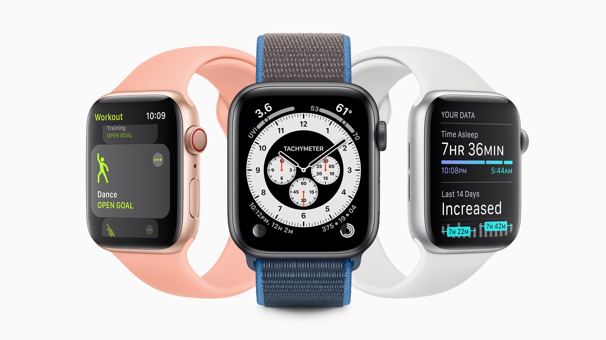 Three Apple Watches, one pink, one blue, and one silver. 