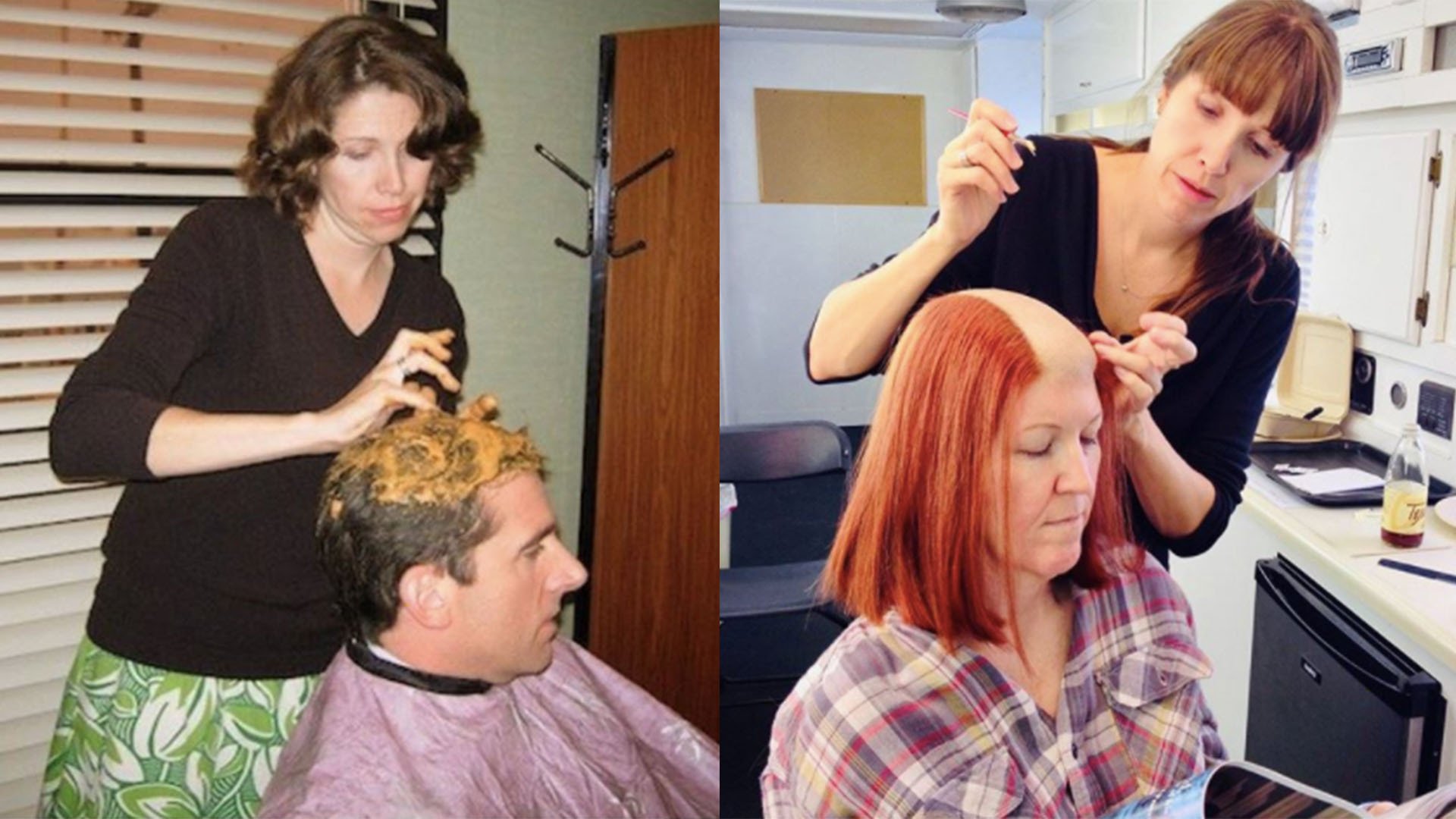 Two photos, one of Kim M. Ferry putting peanut butter on Steve Carell's hair and the other of her touching up Kate Flannery's 