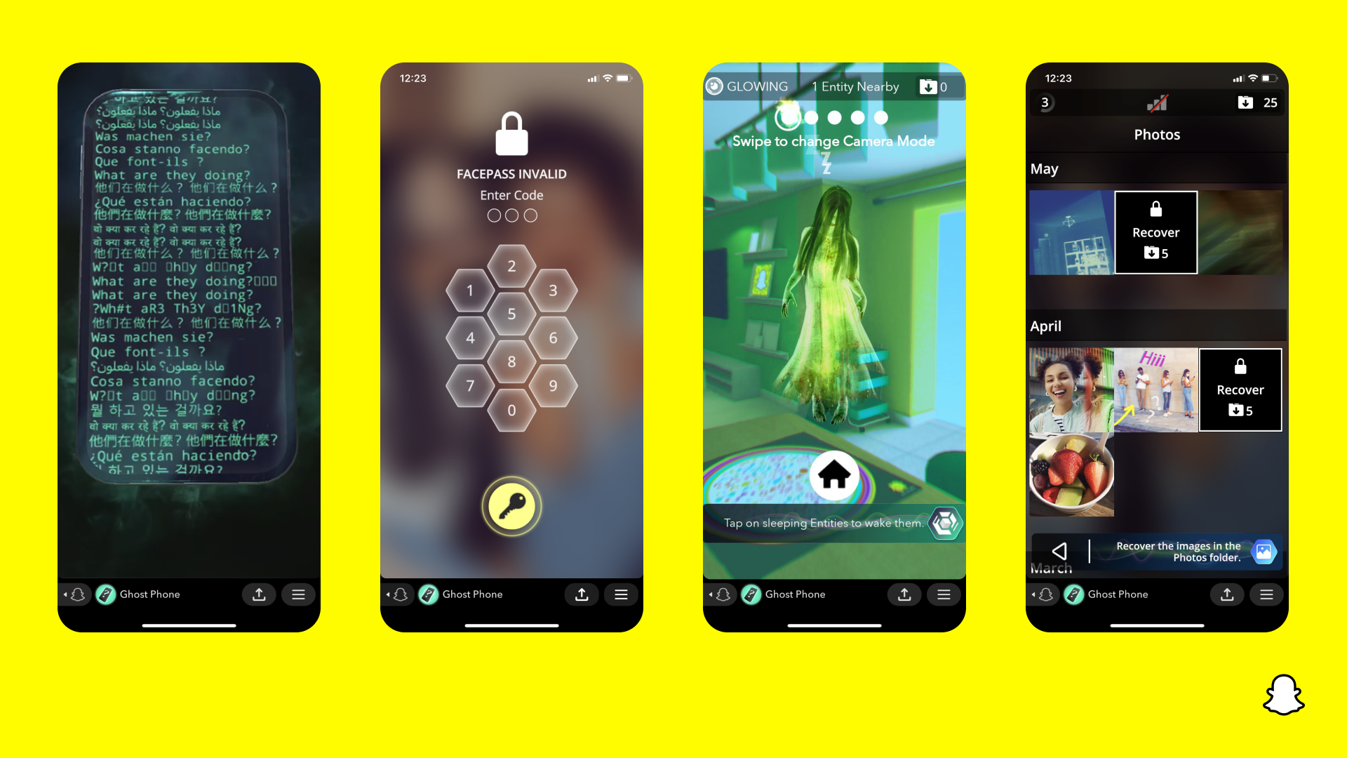 Four screenshots of Snapchat's new Ghost Phone game.