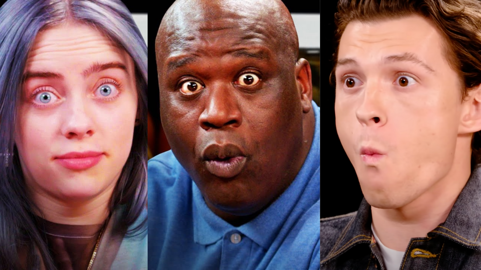 Screenshots of Billie Eilish, Shaq, and Tom Holland reacting to wings on Hot Ones.