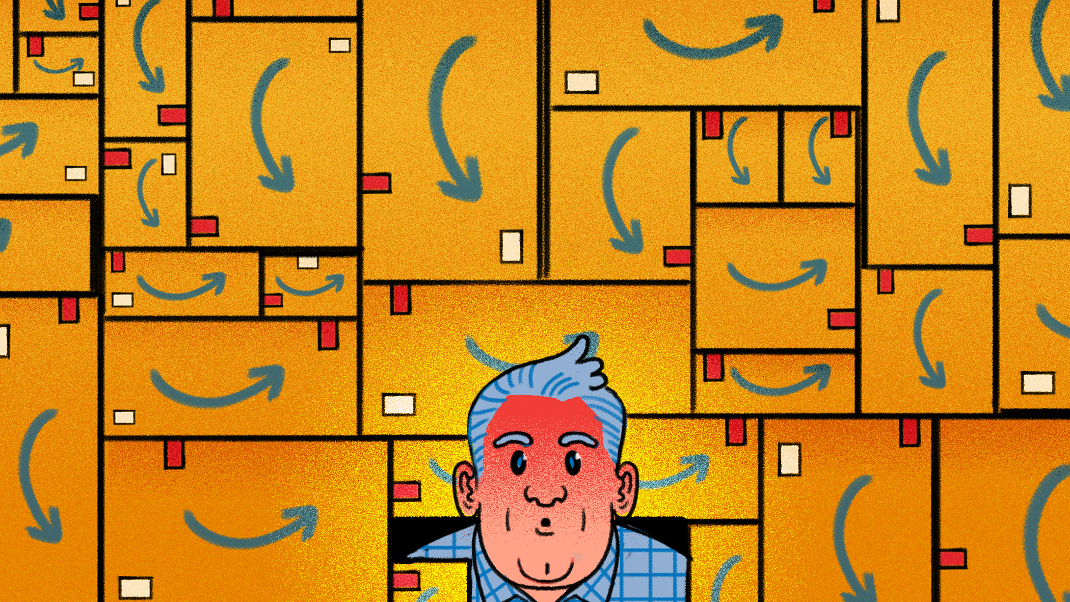 illustration of a man looking confused amid a pile of amazon boxes