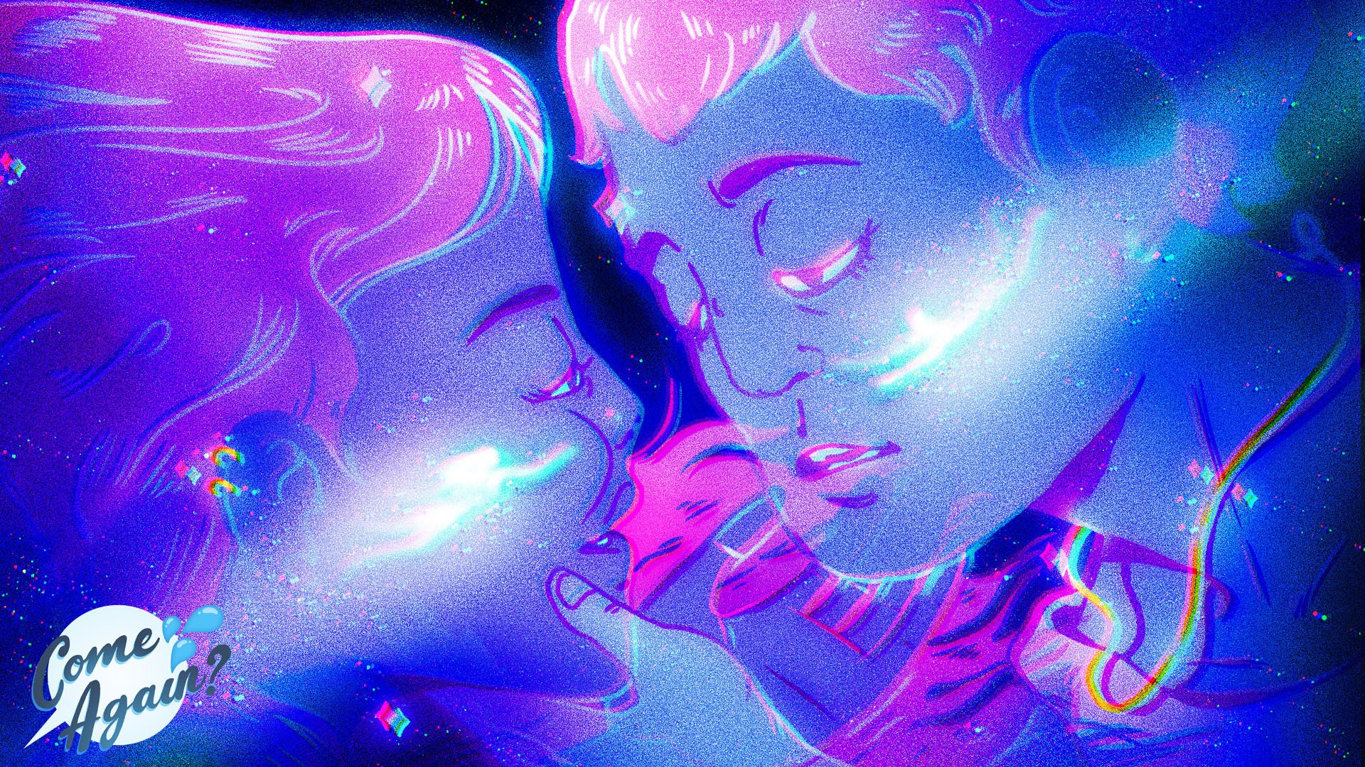 A purple illustration of two people about to kiss