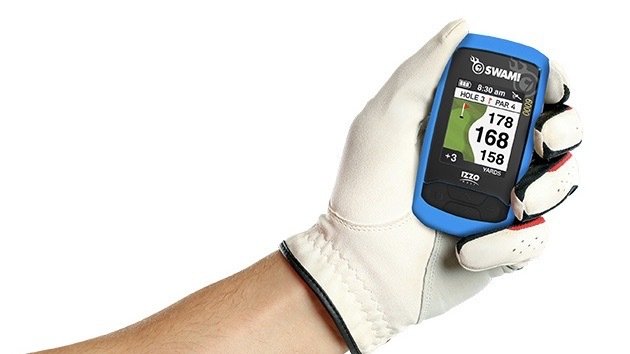 Person holding a Izzo Swami 6000 Golf GPS (Blue) on a white background.