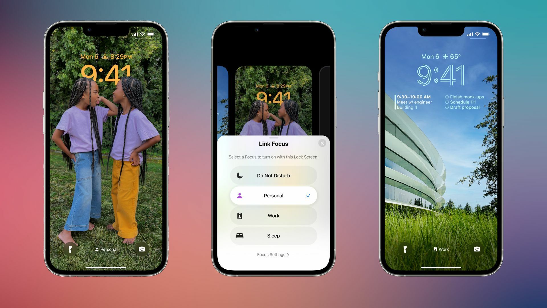 Image of three different iPhones showing various aspects of the link to Focus mode feature