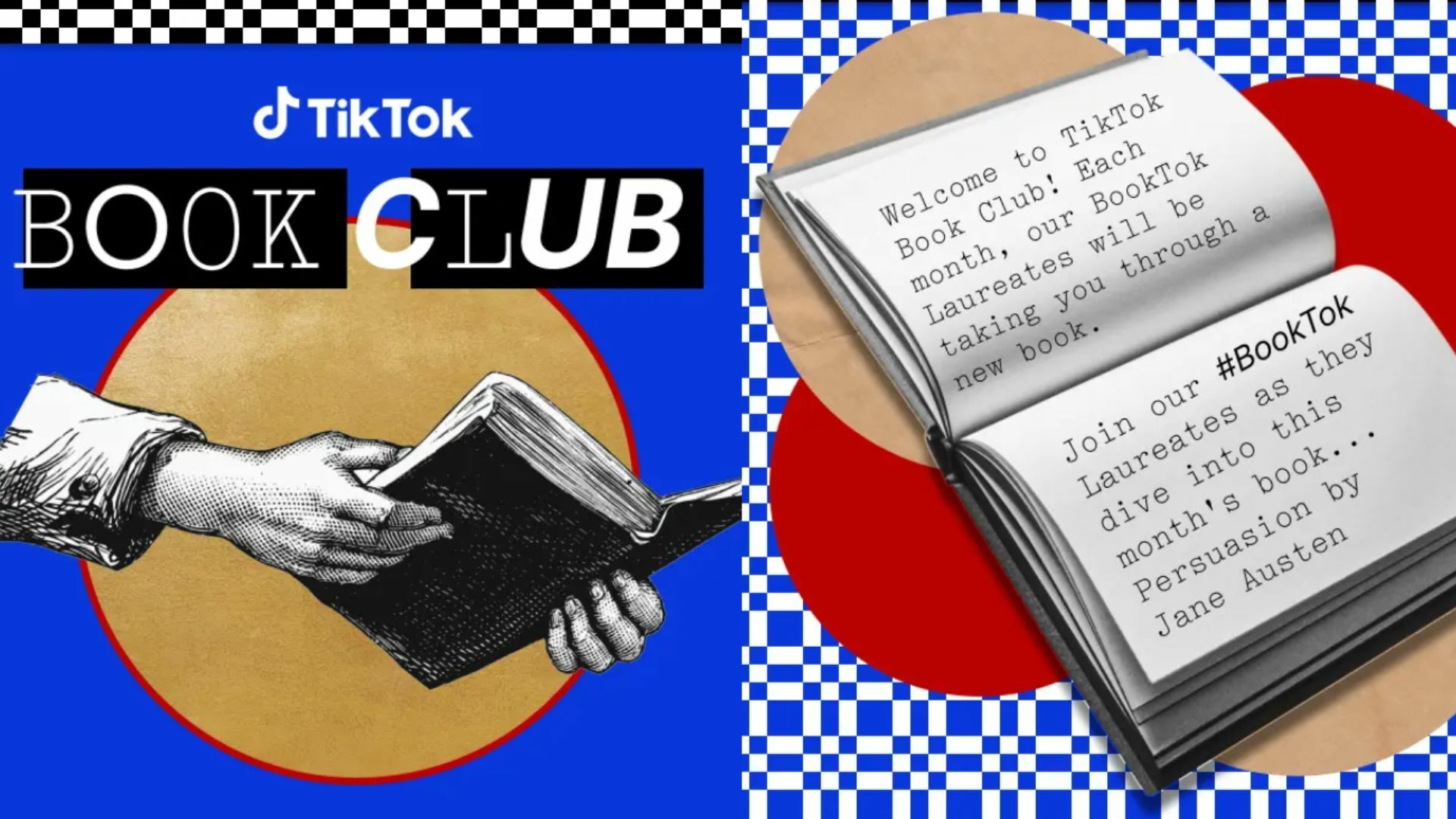 A collage of TikTok Book Club logo, with a picture of a book announcing the title of the month.