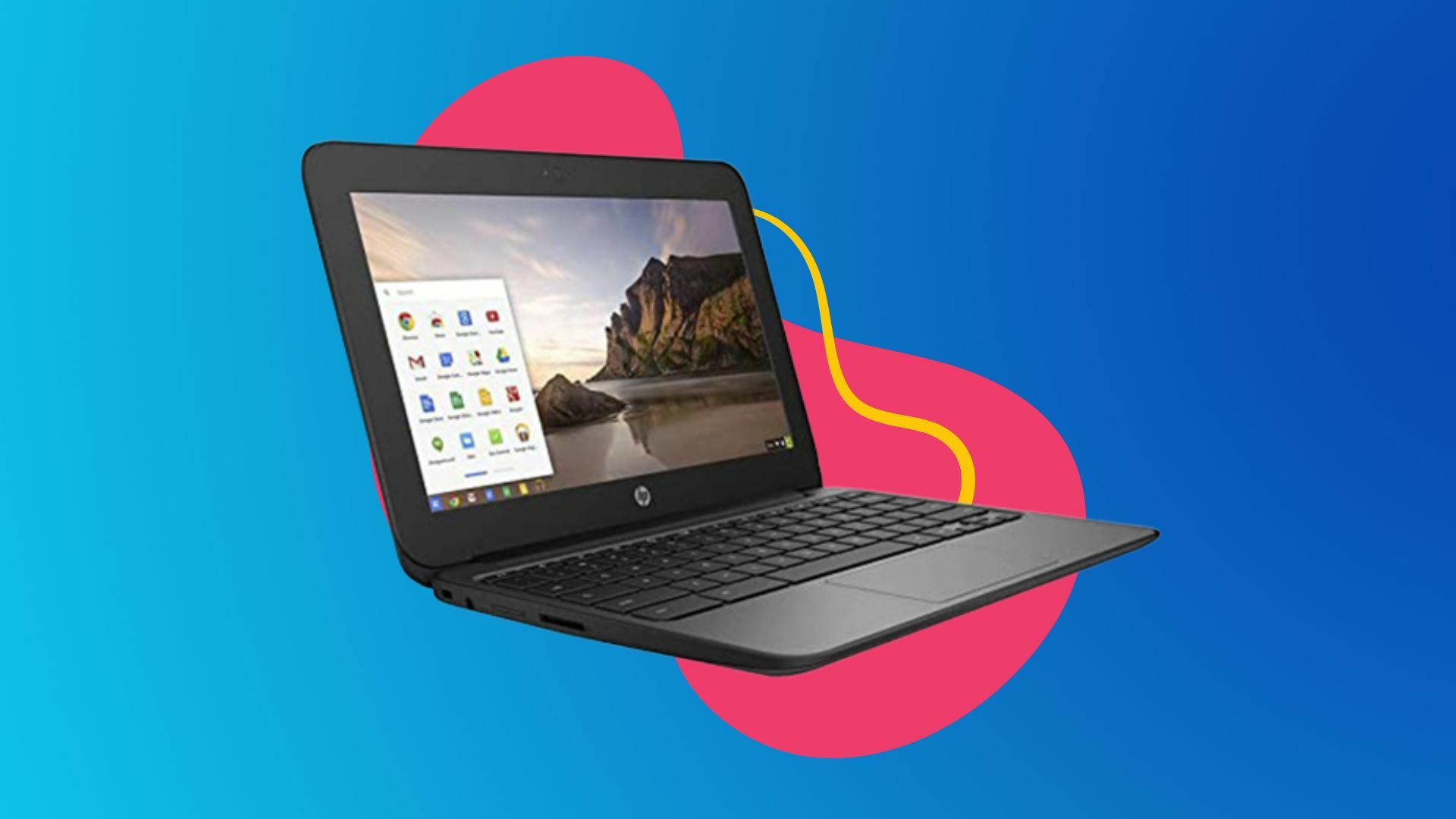 Refurbished HP Business Chromebook 16GB on a colorful background.