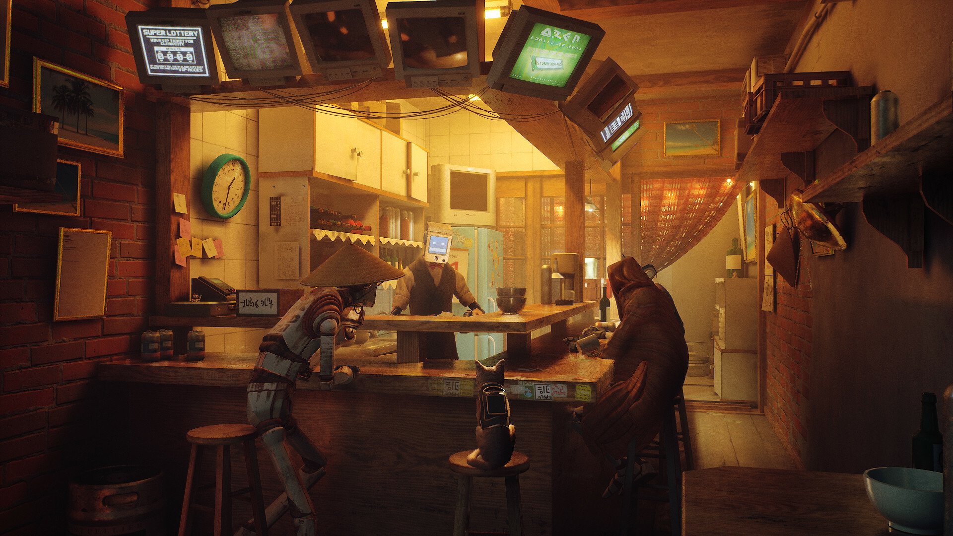 An animated scene from a game showing a cat sitting at a dystopian bar with two robots and a robot bartender.