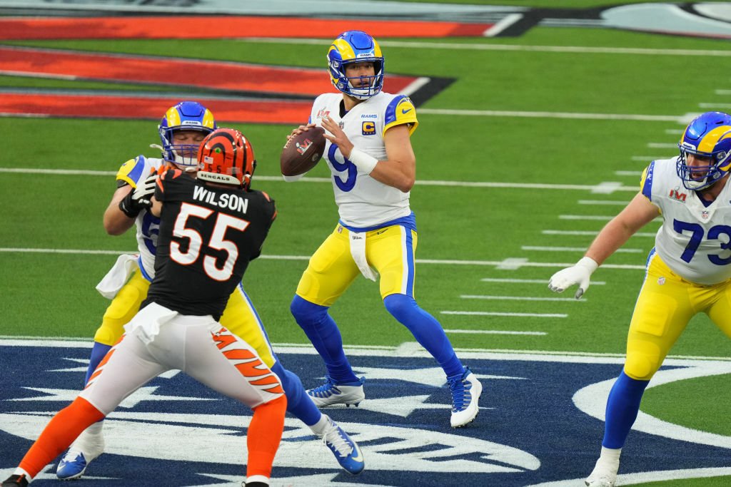 Rams quarterback Matthew Stafford looking to pass during Super Bowl LVI