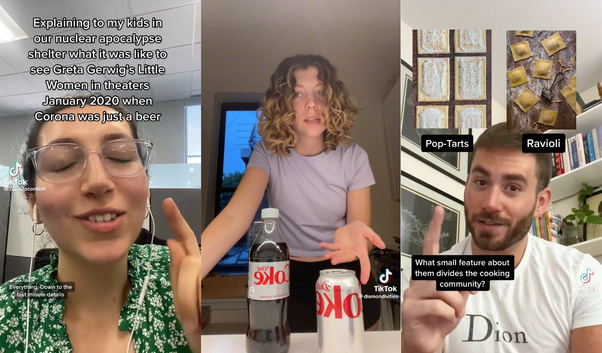 Screenshot of three TikToks. One shows a woman with a can of Diet Coke and a bottle of Diet Coke.