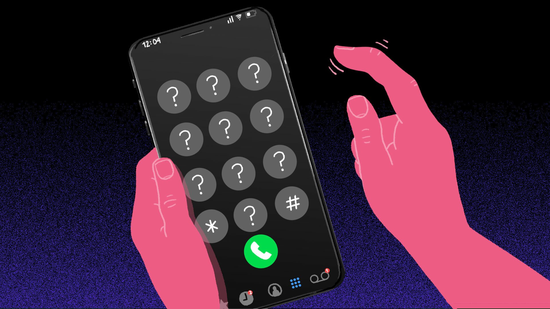 this photo shows a cellphone but the numbers to call are obscured by question marks