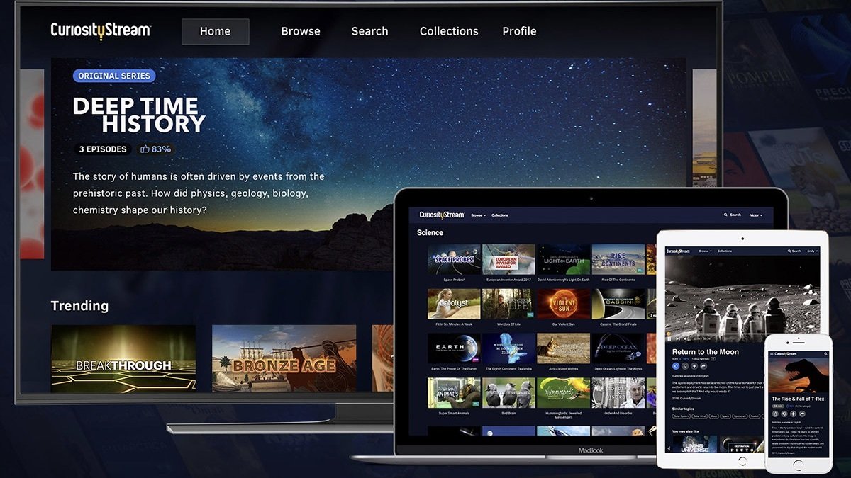 Curiosity Stream HD Plan: Lifetime Subscription on a tv, laptop, tablet, and phone.