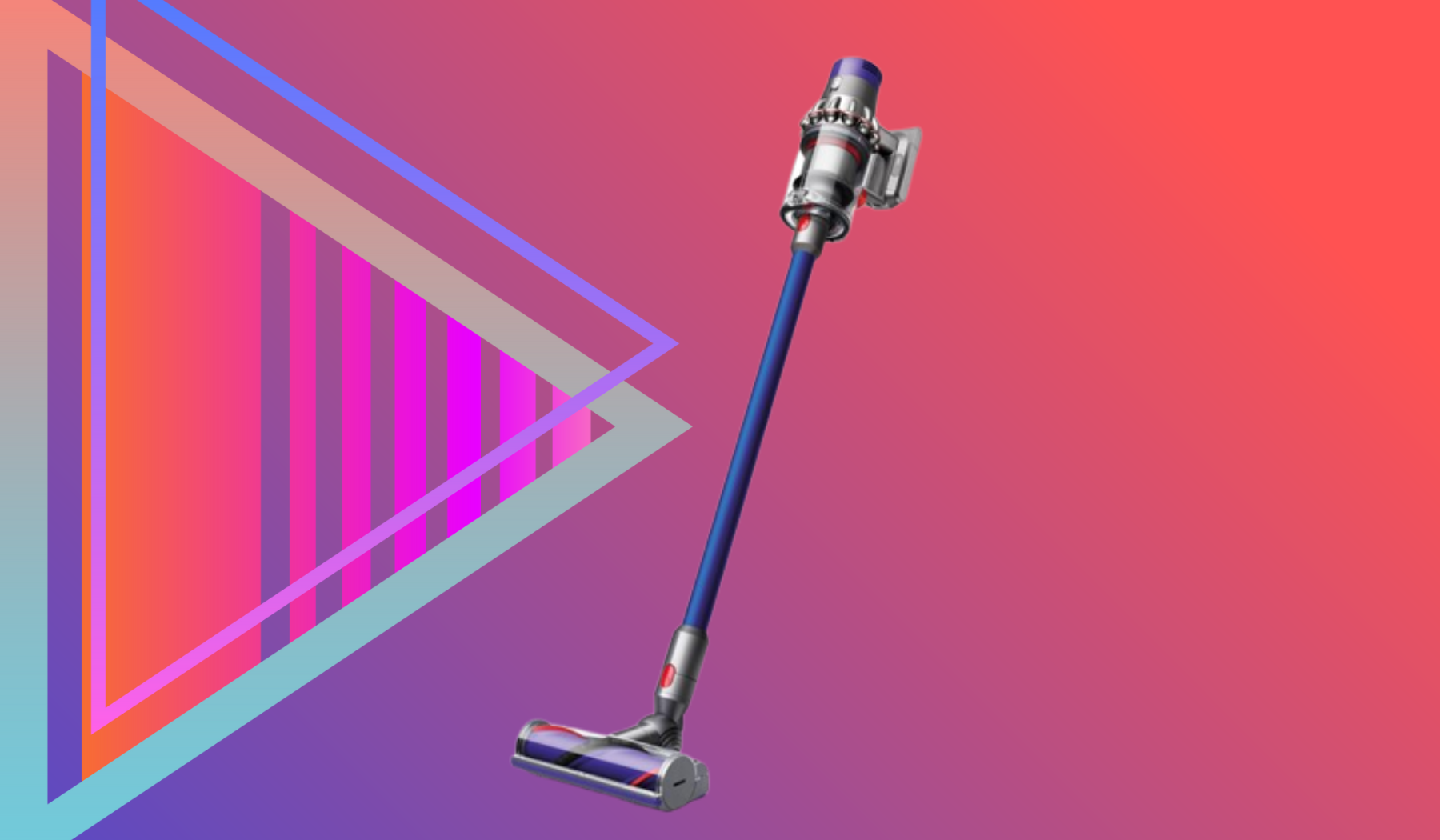 Dyson V10 vacuum and colorful triangle graphic on red and purple background