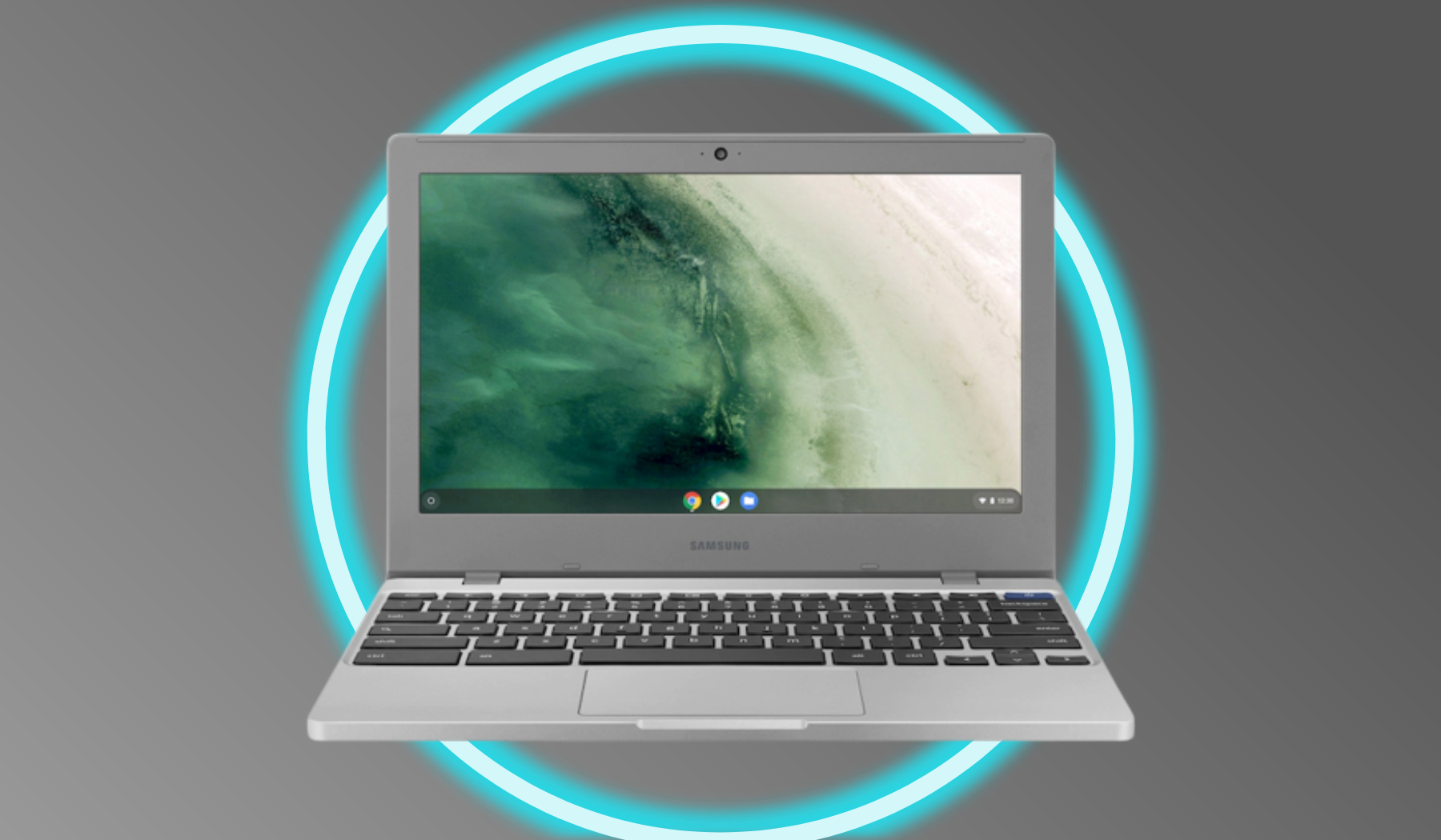 Samsung Chromebook with neon circle on gray background