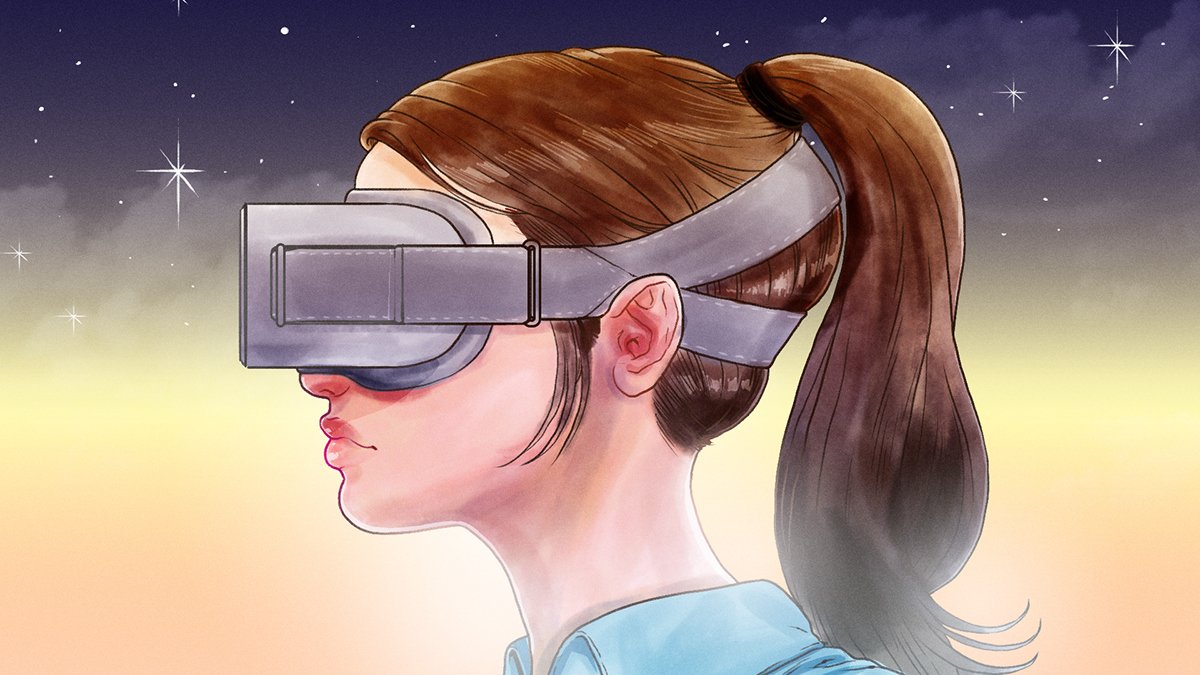 An illustration of a women wearing a virtual reality headset.