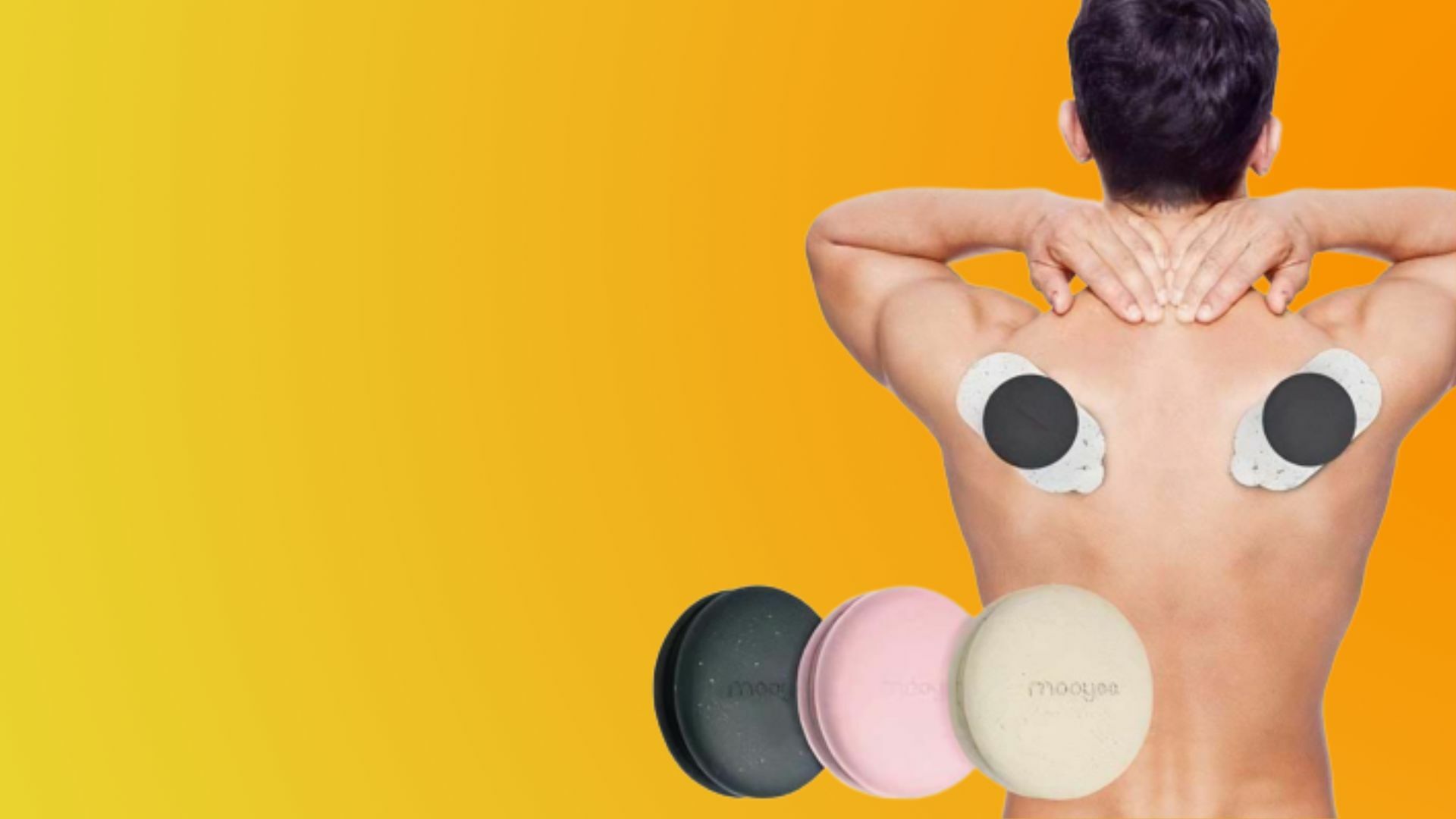 Person using the Mooyee M2 Wireless Muscle Stimulator on a colorful background.