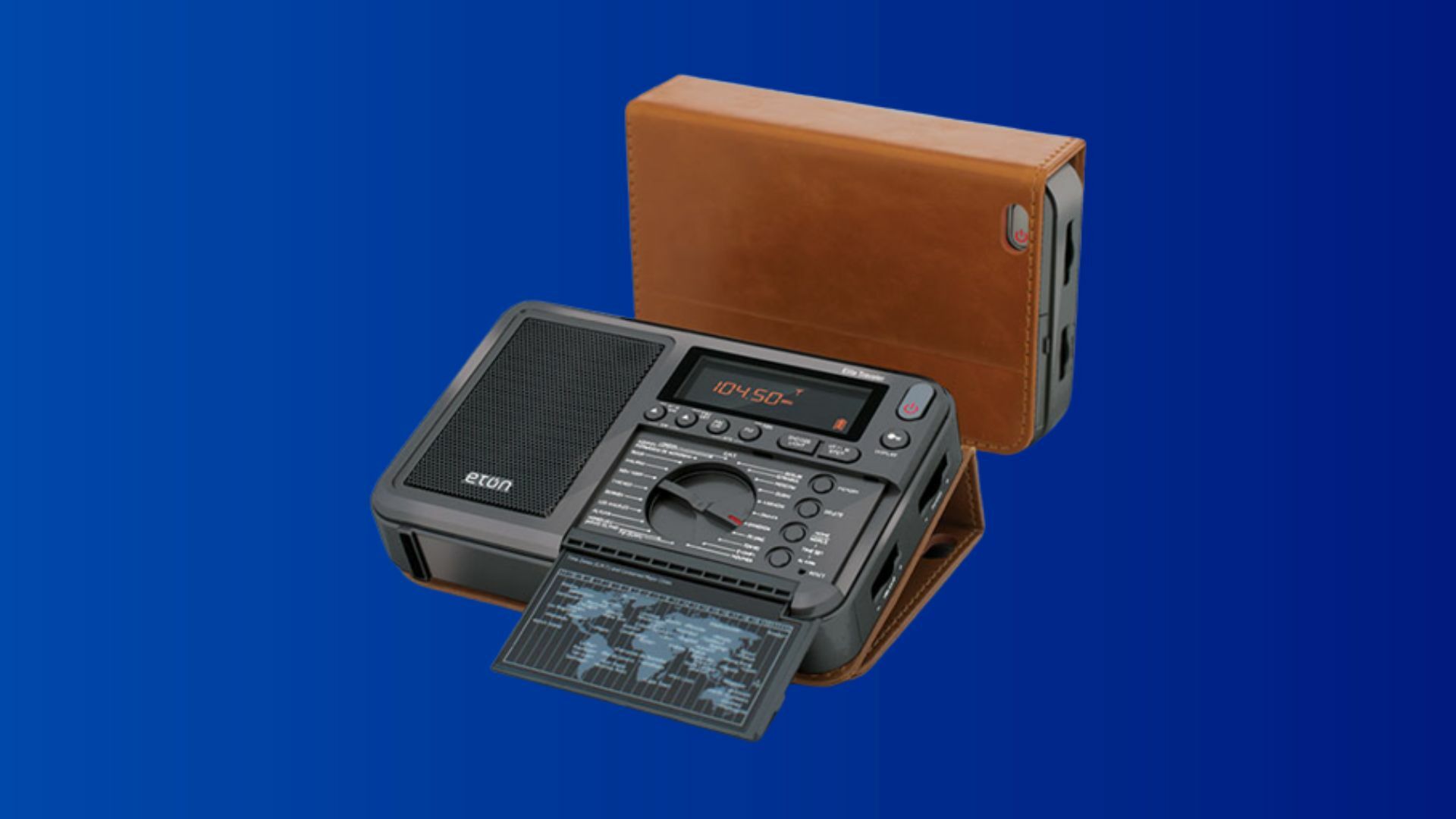 Eton Elite Traveler Radio & Custom Leather Carry Cover on a blue background.