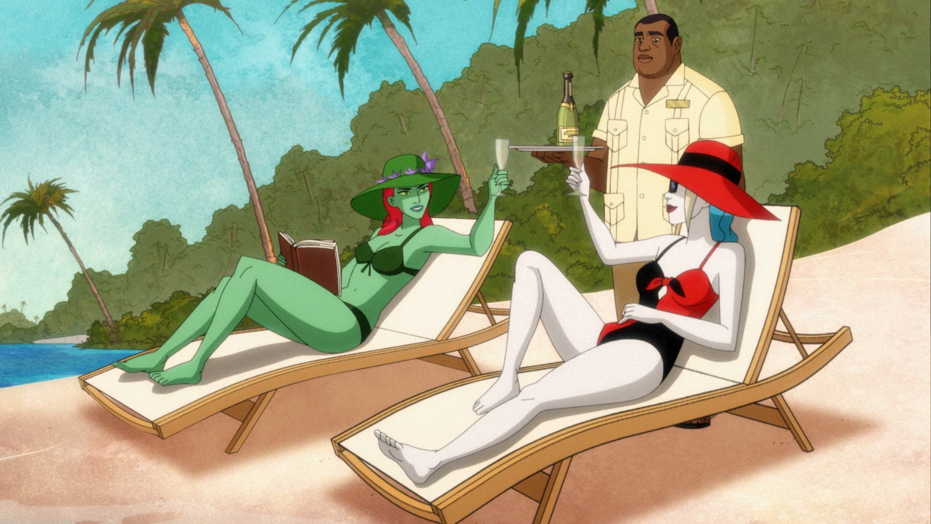 Poison Ivy and Harley Quinn relax on a beach. 