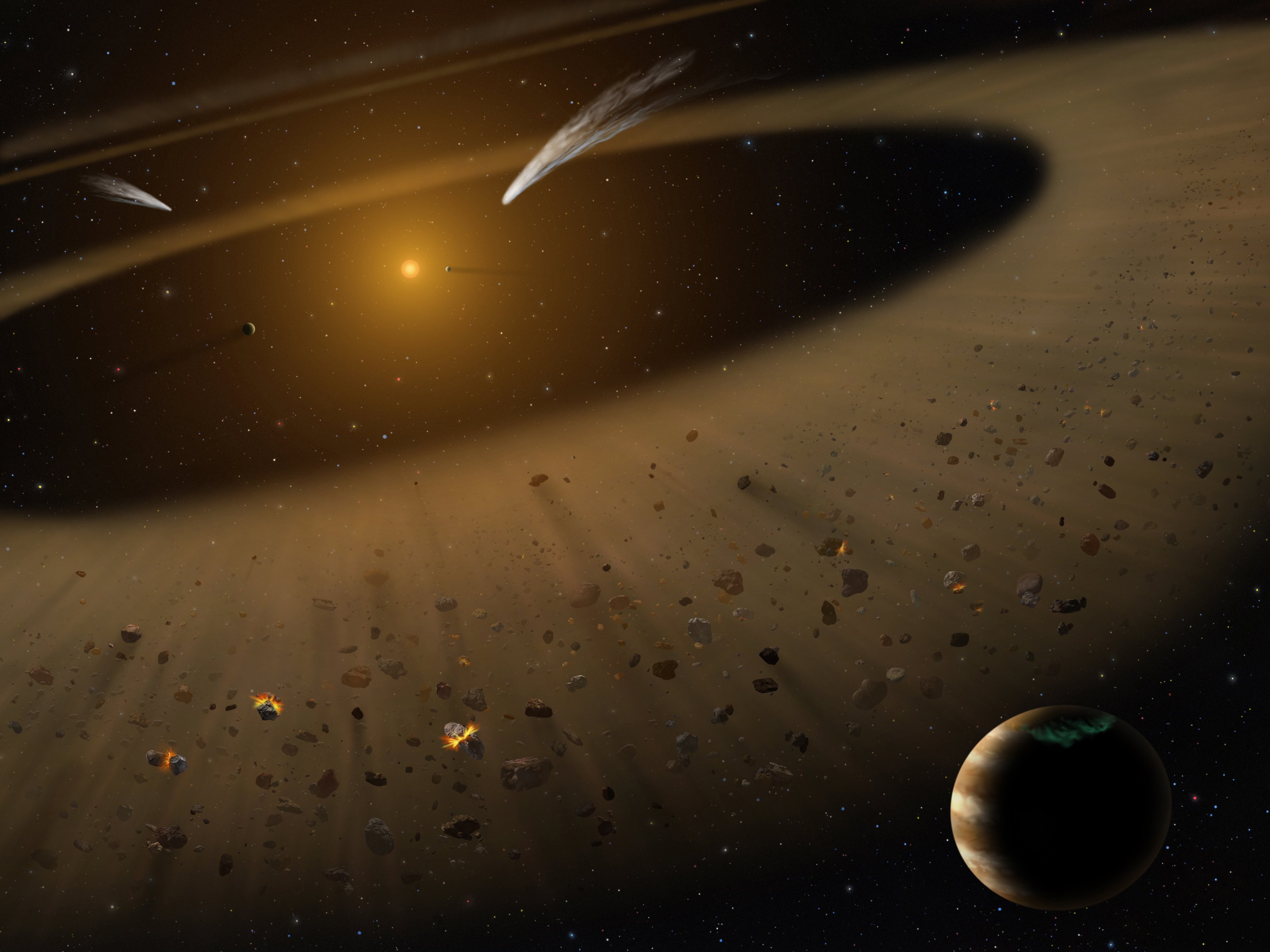 A 3-D rendering of an asteroid belt. A bright object in the background is surrounded by several small rocks. A few rocks have glowing tails behind them, while a larger planet sits in the foreground.