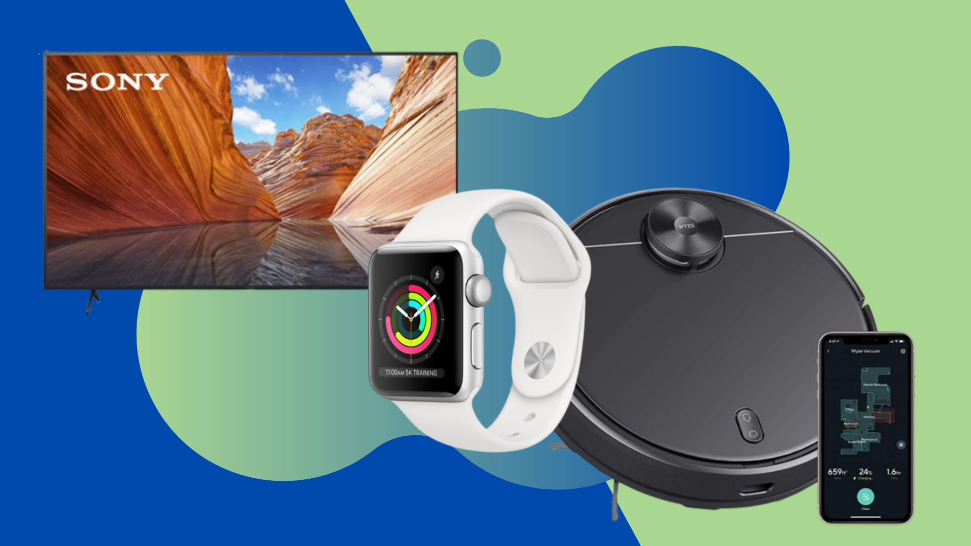 Collage with a TV, Apple Watch, and Robot vacuum