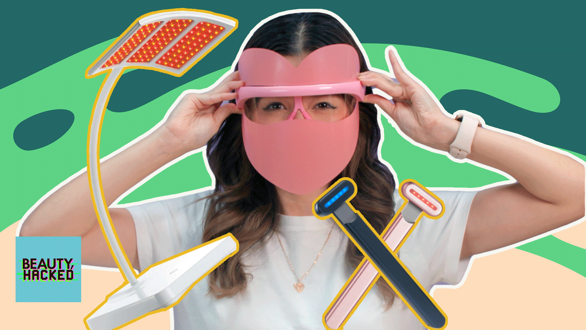 Composite with woman wearing pink plastic face mask with holes showing eye, surrounded by a LED light panel and small facial wands.