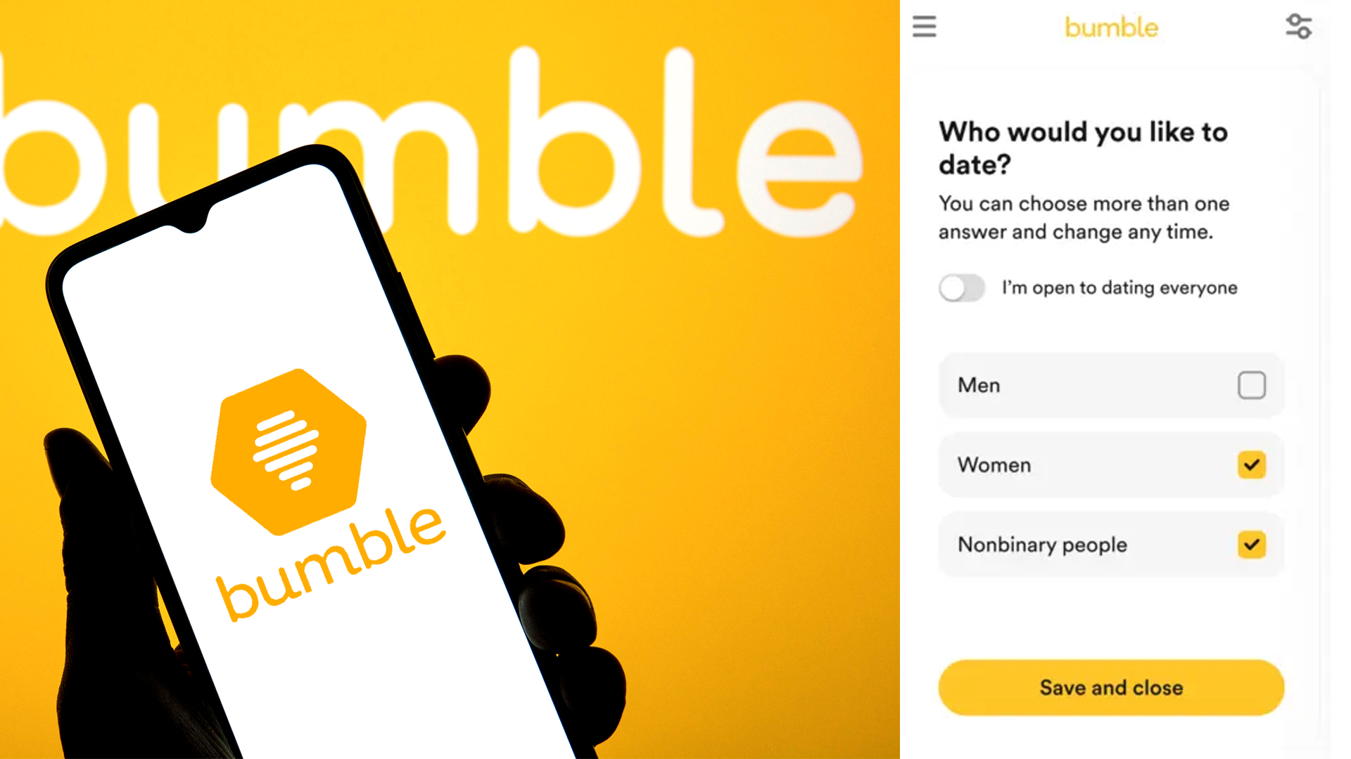 Left: Silhouetted hand holds phone displaying Bumble logo, with yellow Bumble logo backdrop. Right: screenshot of gender options on Bumble Date.