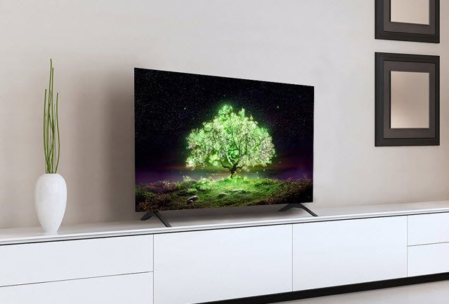 LG A1 OLED 48-inch 4K TV in living room next to house plant