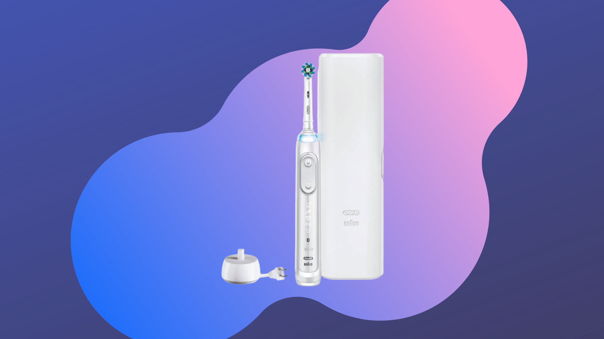 Oral-B Genius X Limited AI electric toothbrush with travel case and charger with purple background.