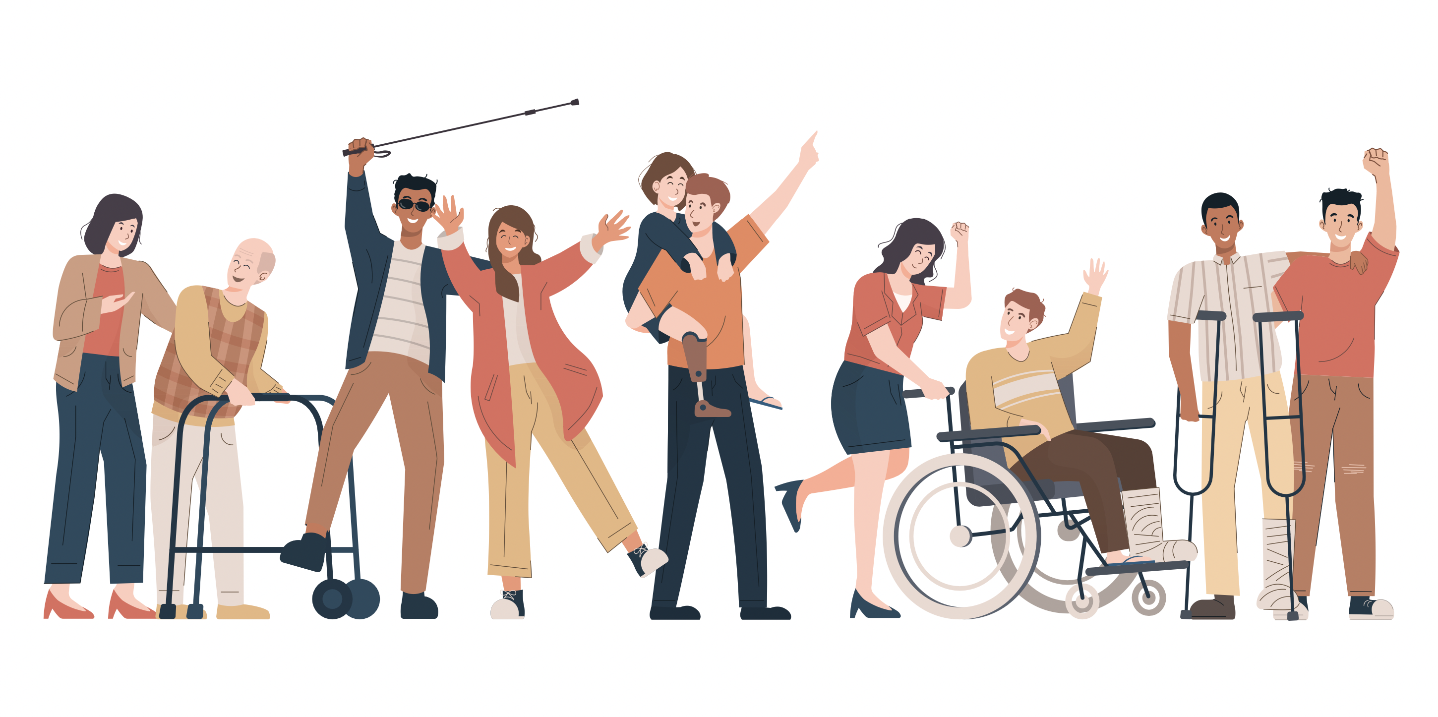 Happy disabled people with their friends and family. Blind man, girl with prosthetic leg, old man with walker, people with wheelchair and crutches