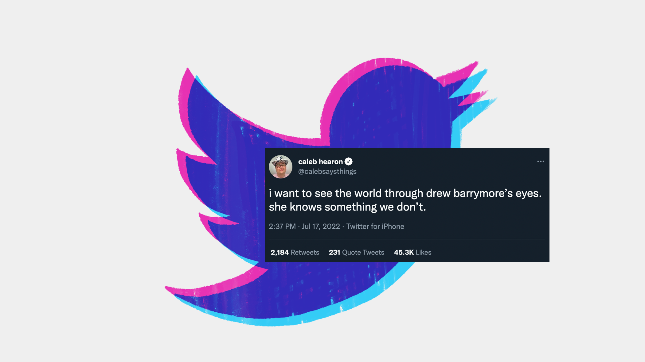 illustration of twitter logo and a tweet about drew barrymore