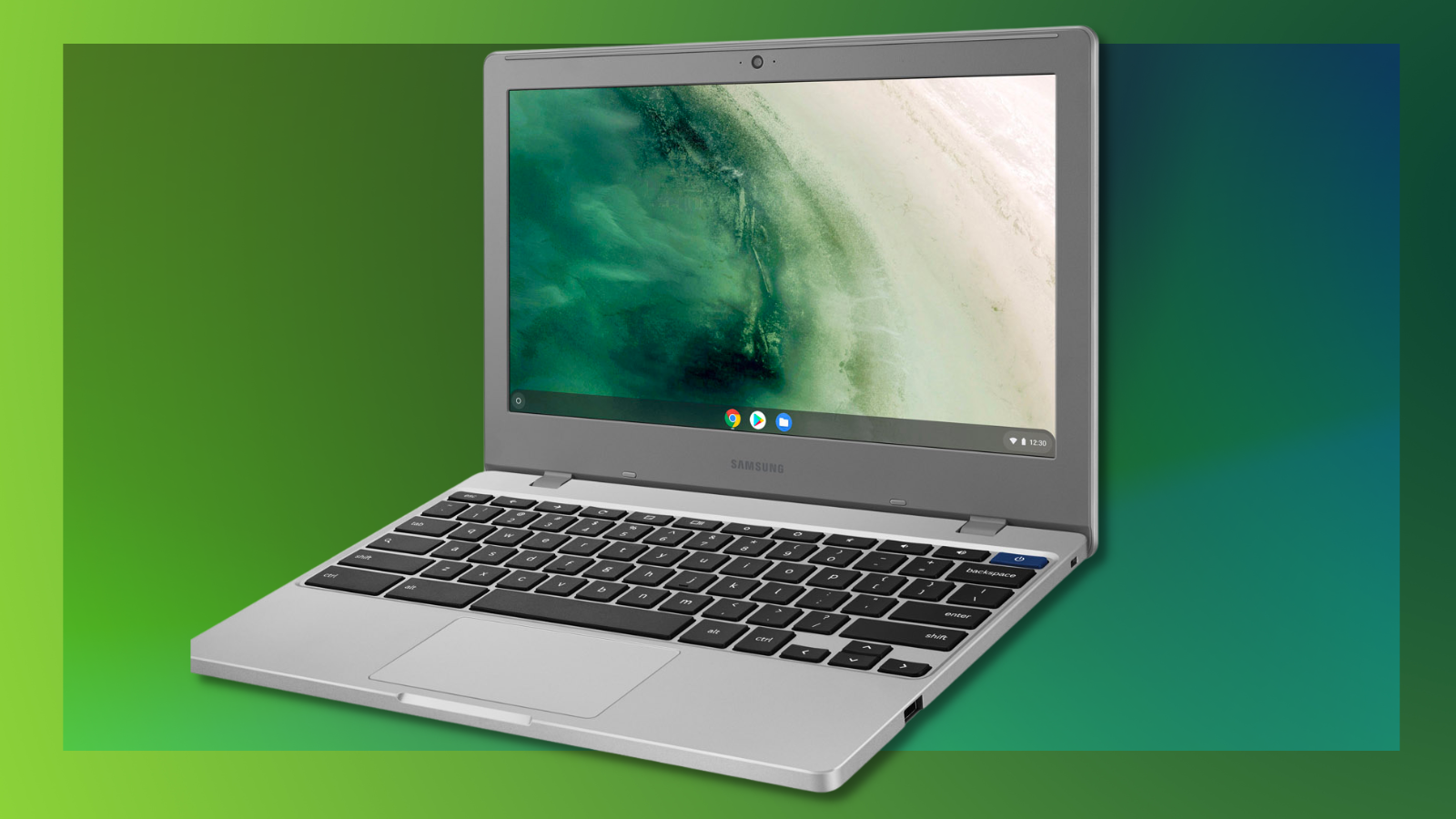 the samsung chromebook 4 against a green background