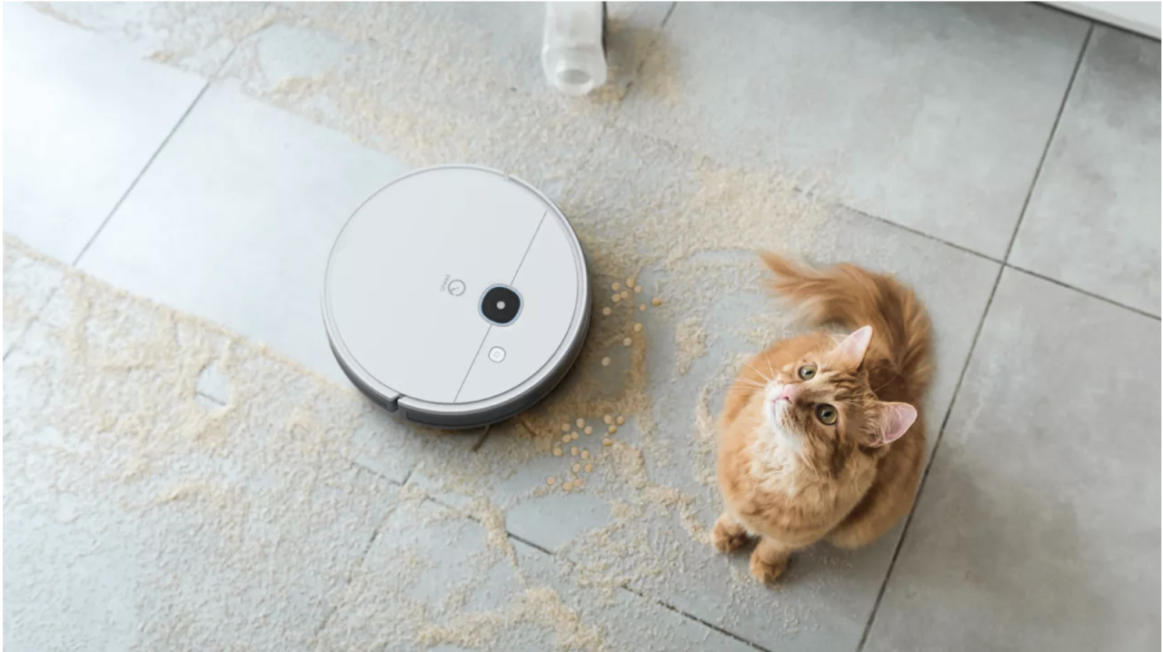 Yeedi Vac Max robot vacuum cleaning floor beside cat