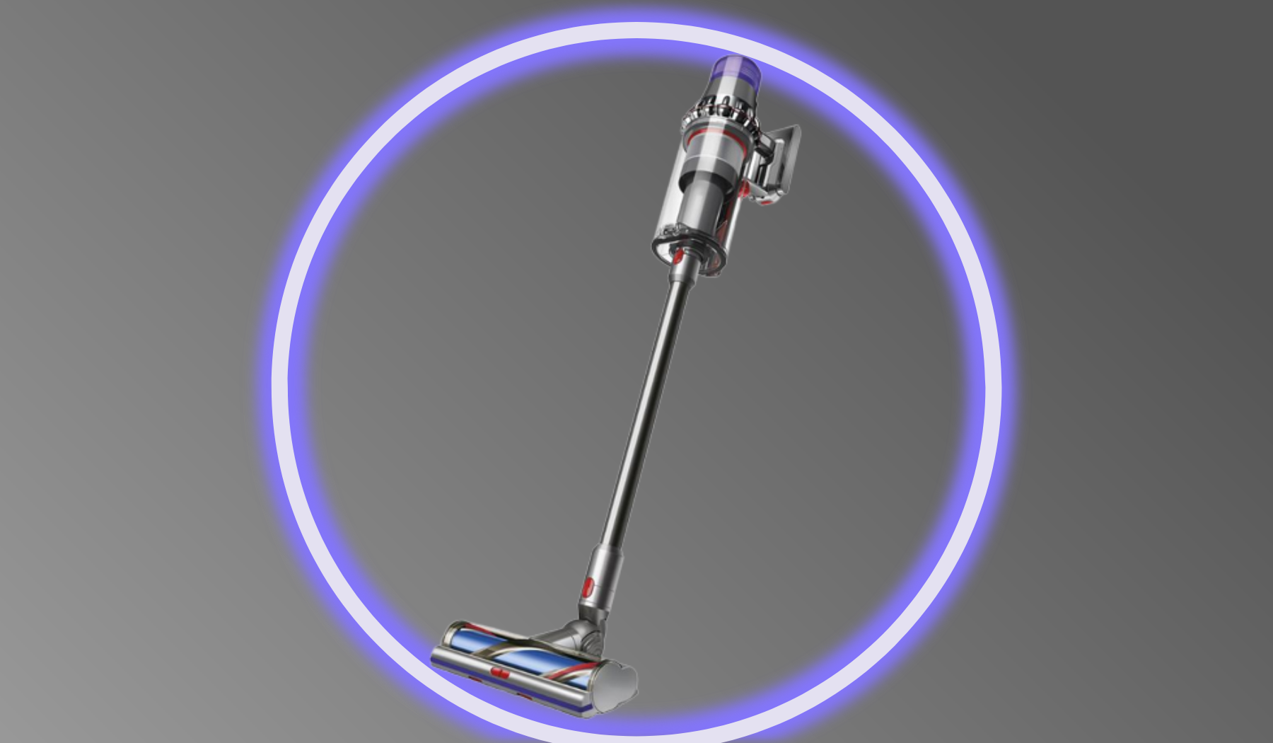Dyson Outsize vacuum on gray graphic with purple circle