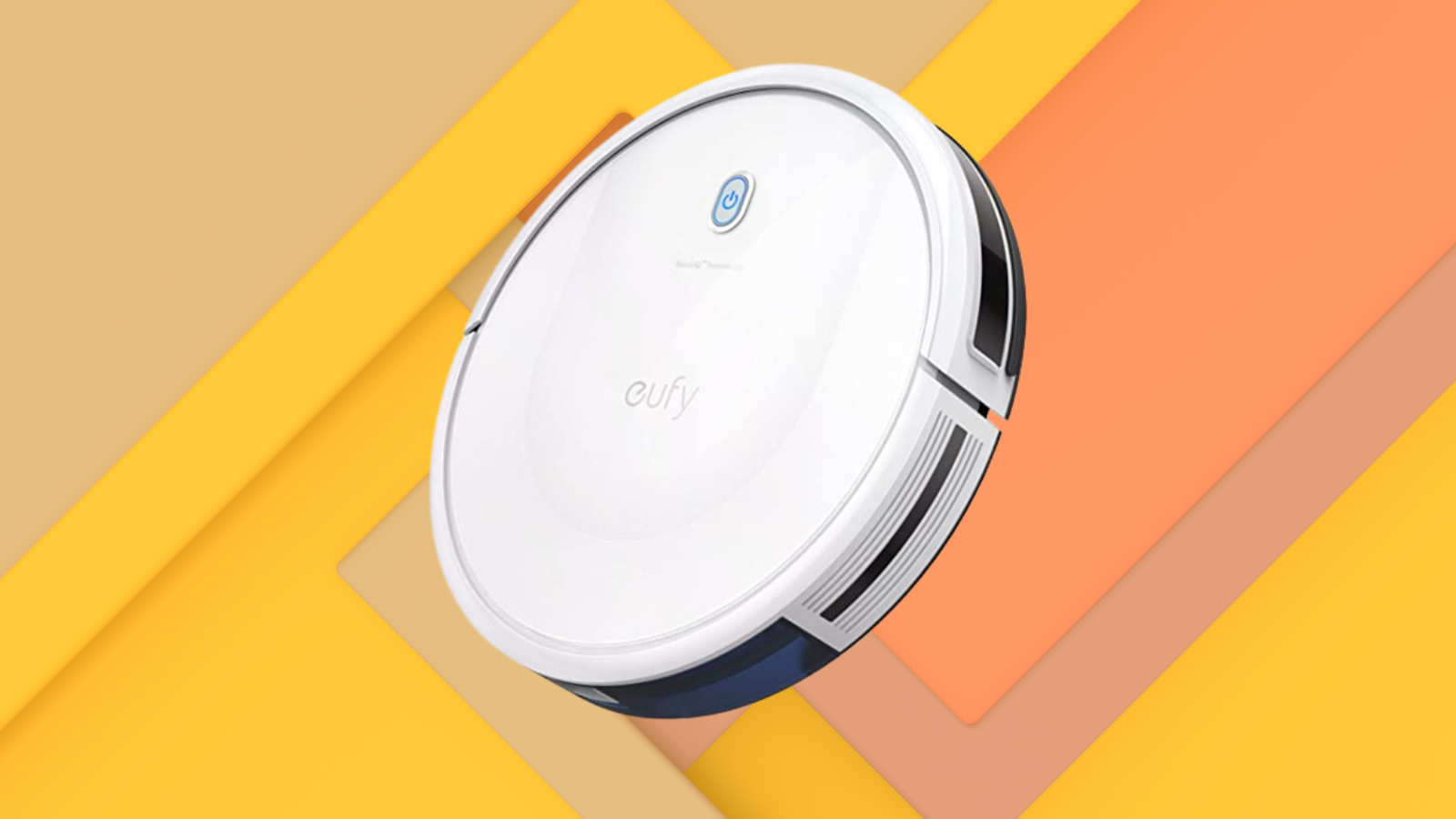 white eufy robovac 11s max with yellow and orange background