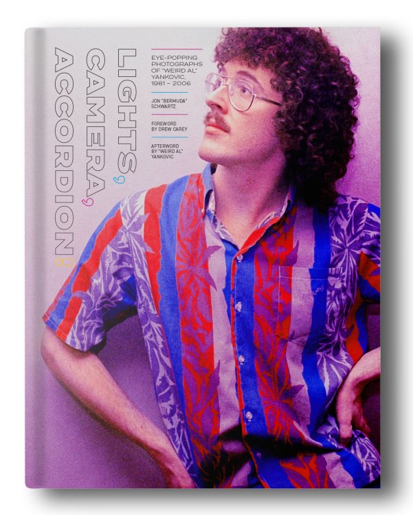 A book cover with Weird Al Yankovic with his hands on his hips on the cover. The title is "Lights, Camera, Accordion!"