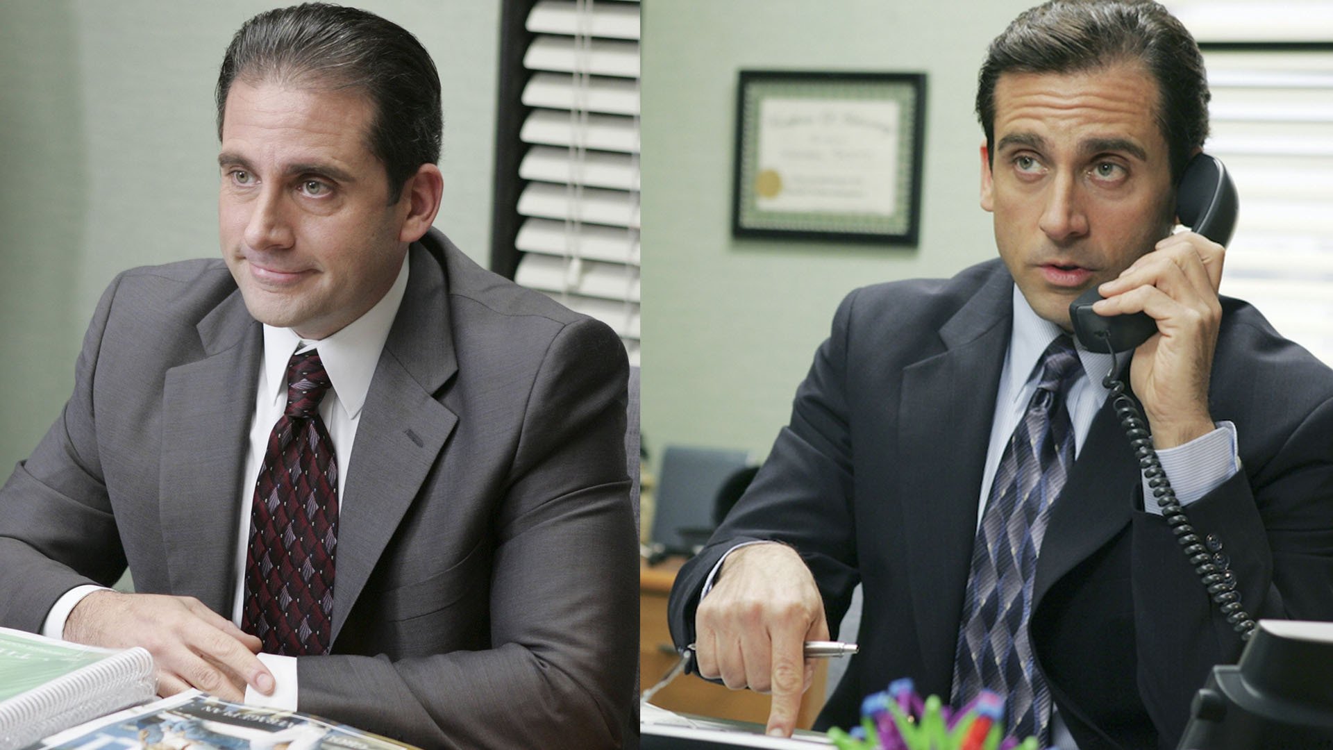 Two photos of Michael Scott, pre and post hair glow up.