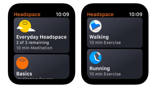 Apple Watch screen capture of Headspace app, which shows meditations for Every day, Basics, Running, and Walking. 