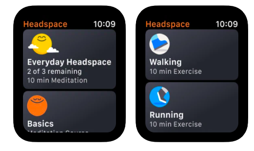 Apple Watch screen capture of Headspace app, which shows meditations for Every day, Basics, Running, and Walking.