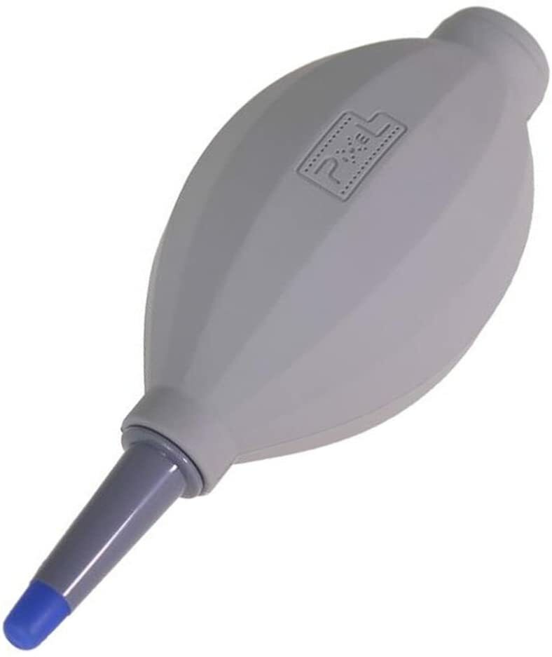 Gray air blower, consisting of a squeezable round top part connected to a narrow tube that pushes out air. 