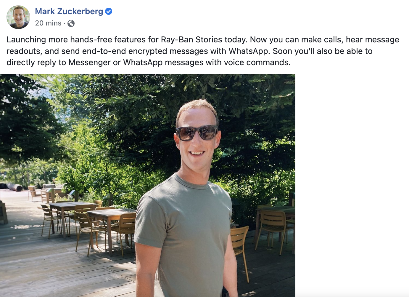 Mark Zuckerberg Facebook post announcing Ray-Ban update