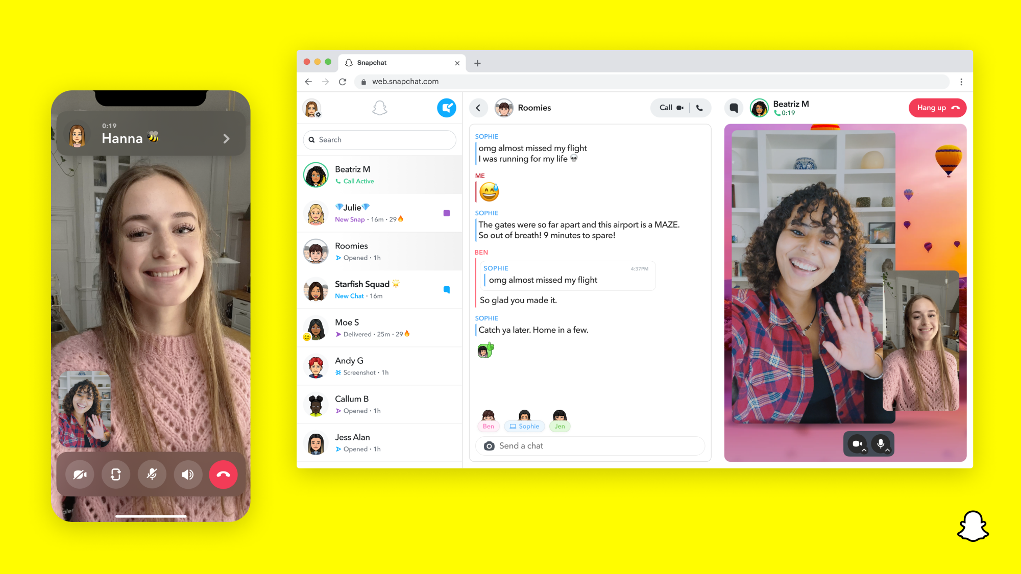 Snapchat video chat interface shown on mobile and desktop, set against yellow background.