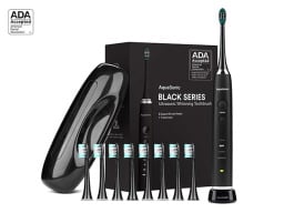 AquaSonic Black Series Toothbrush & Travel Case with 8 Dupont Brush Heads on a white background.