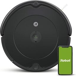 black irobot roomba with phone open to irobot app