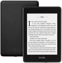 Black kindle front and back with text on page