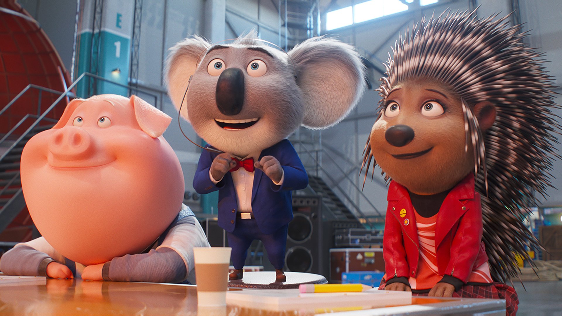 Animated characters: pig, a koala, and a porcupine.
