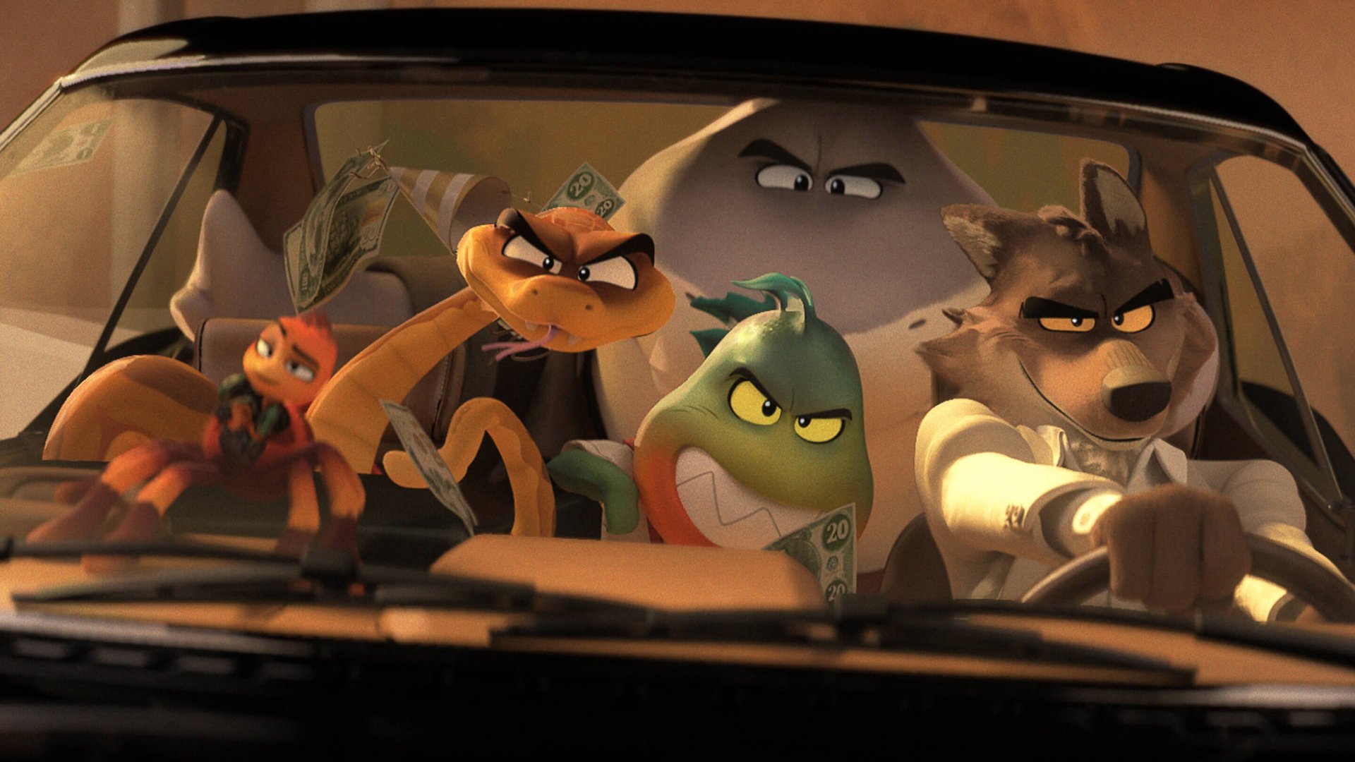 A group of animated animals sit in a car looking mischievous.