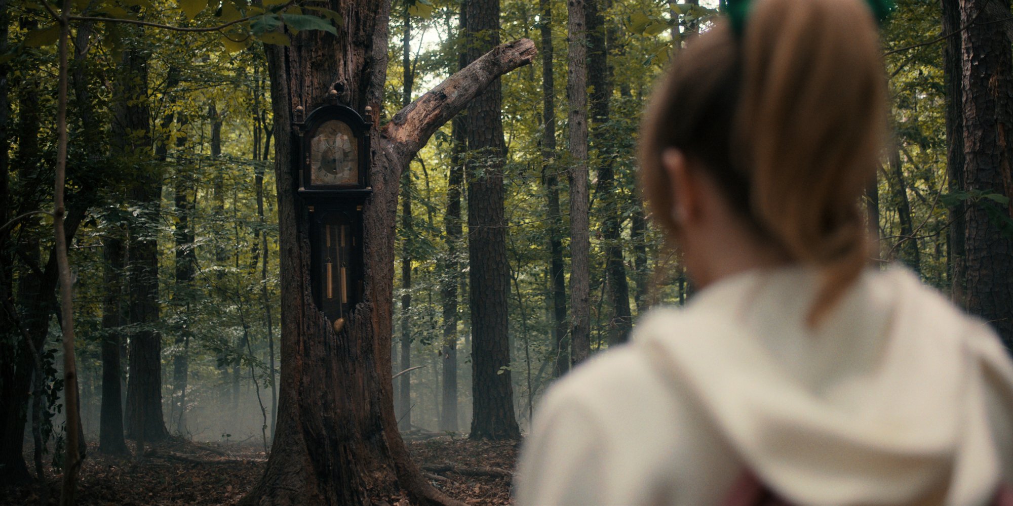 A young woman stares at a grandfather clock embedded in a tree trunk.