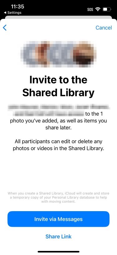 iPhone screenshot of sending Shared Library invitation
