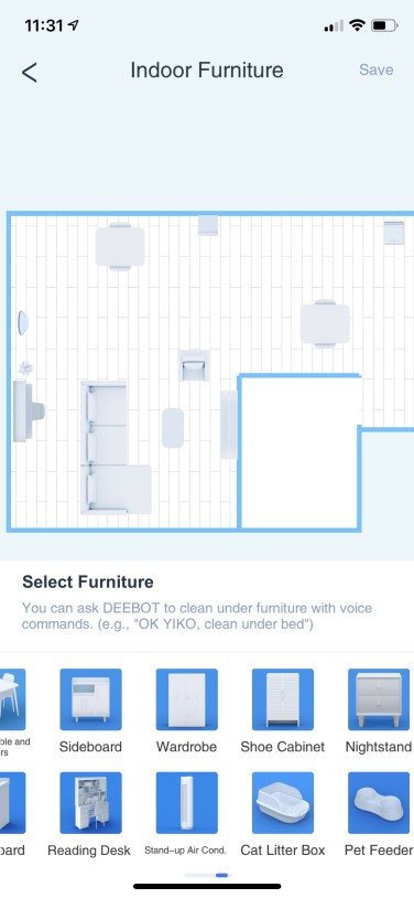 3D map of apartment and assorted furniture selection on robot vacuum app